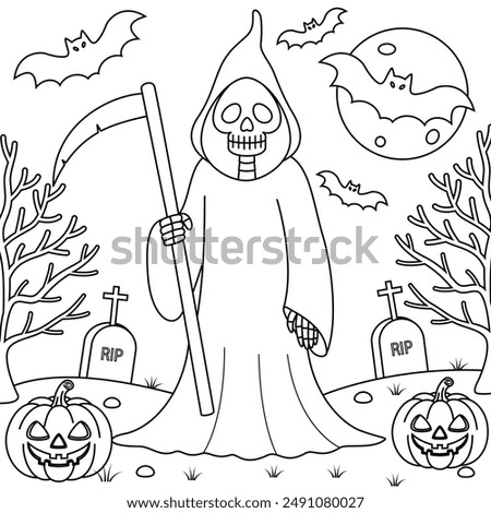 Grim Reaper Halloween on graveyard background colouring. Halloween Outline Coloring Page