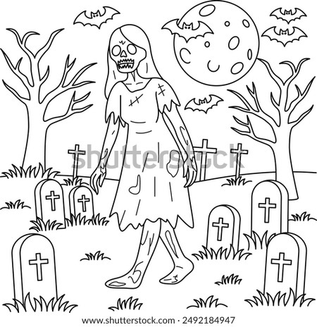 Zombie walking through a graveyard colouring. Halloween Outline Coloring Page