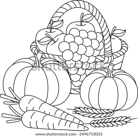 Basket full of fruits and vegetables outline coloring page. Thanksgiving hand drawn colouring 