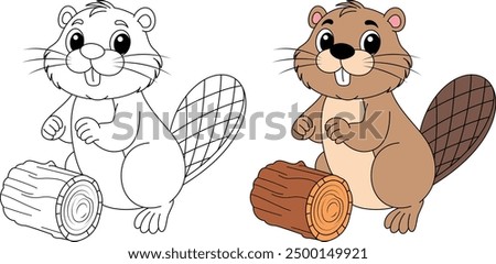 Cute Beaver Isolated on White Background Outline Coloring Page