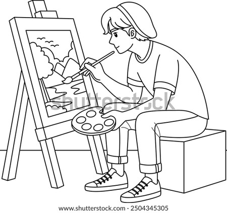 Artist Painting on an Easel Outline Coloring Page. Labor Day Hand Drawn Clip art