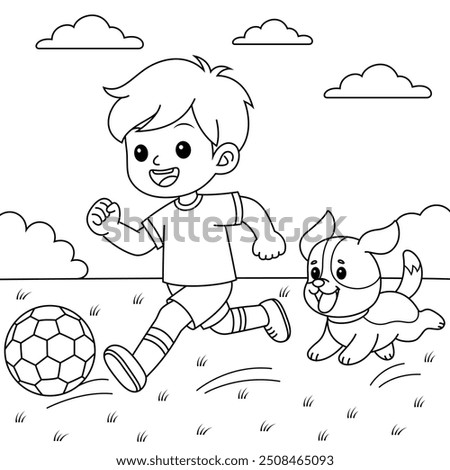 Cartoon boy is playing soccer with dog, Football coloring page for kids