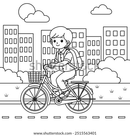 Children are going to school by bike outine coloring page 