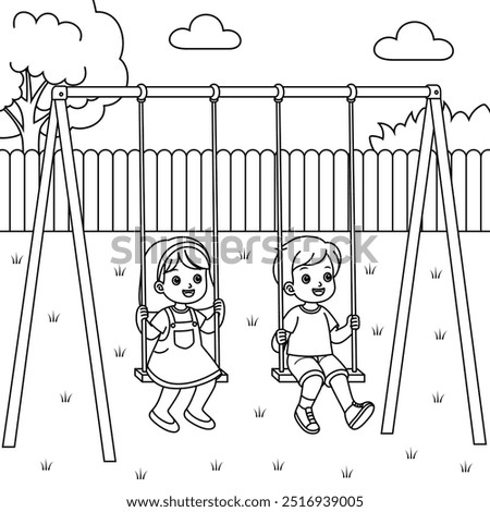 Kids playing on the playground with swings outline coloring page