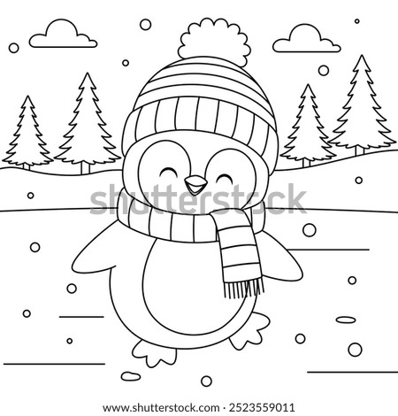 Cute penguin ice skating outline coloring page. Christmas and Winter Illustration 