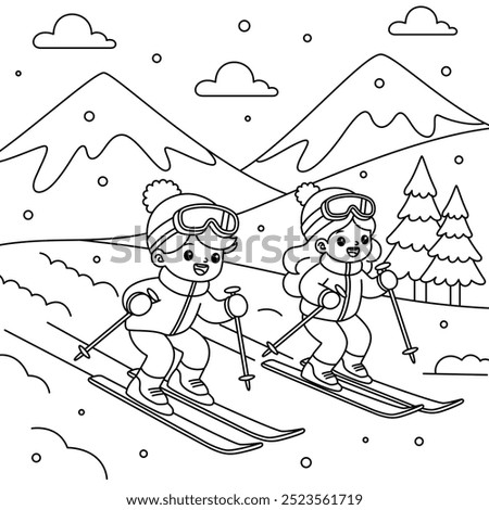 Children skiing down a snowy mountain outline coloring page. Christmas and Winter Illustration 