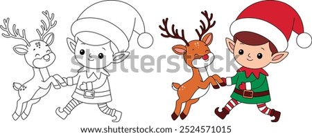 Cute Elf Playing with Reindeer Outline Coloring Page. Christmas and Winter Illustration 