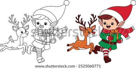 Cute Elf Runing with Reindeer Outline Coloring Page. Christmas and Winter Illustration 