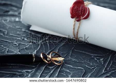 Two broken golden wedding rings divorce decree document. Divorce and separation concept ストックフォト © 