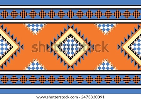 A colorful patterned design with a blue and orange background. The design is made up of squares and triangles