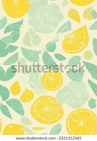 Vector illustration, seamless pattern of geometrical lemon slices, leaves and abstract flowers in a Mid Century minimal style in a fresh yellow mint green palette. 1950’s timeless, retro, vintage desi