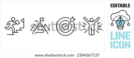 Editable line icon set in a black simple and clean vector outline stroke for business strategy and strategic focus for business and work goals for a corporate mission or target on a white background

