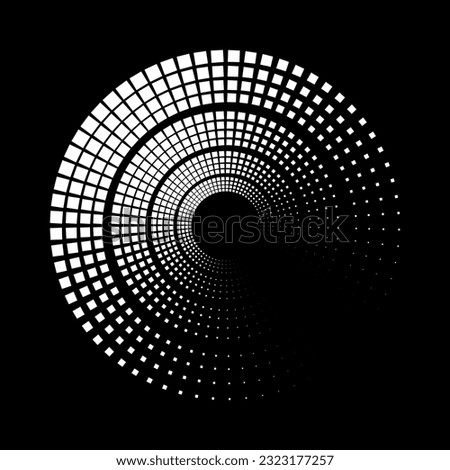 White square halftone dots in circle form. Geometric art. Vector illustration. Circular shape. Trendy design element for border frame, round logo, tattoo, sign, symbol, web pages, print