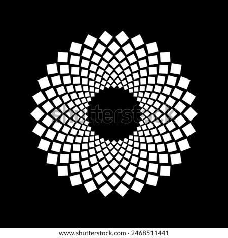 White rotated rectangles in circle form. Geometric art. Trendy design element for logo, border frame, sign, symbol, prints, web pages, template, posters, monochrome pattern and abstract background