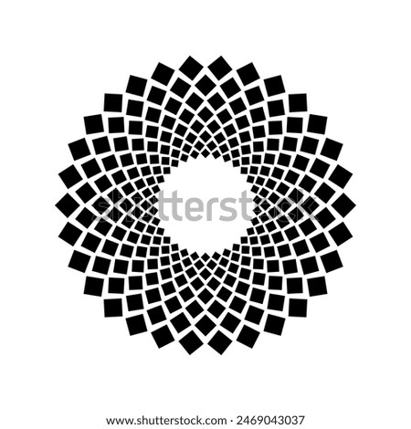 Black rotated rectangles in circle form. Geometric art. Trendy design element for logo, border frame, sign, symbol, prints, web pages, template, posters, monochrome pattern and abstract background
