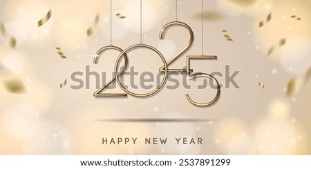 2025 Happy new year banner with hanging golden numbers and confetti. Vector illustration