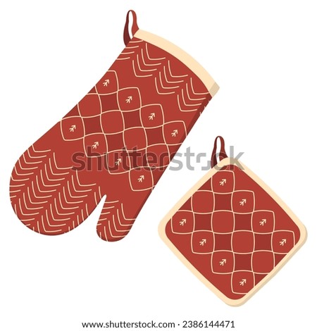 Christmas oven mitt and pot holders. Оven mitt kitchen accessories with pattern for festive decoration.  Flat vector illustration.  