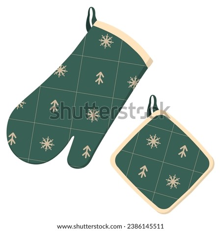 Christmas oven mitt and pot holders. Оven mitt kitchen accessories with pattern for festive decoration. Flat vector illustration. 