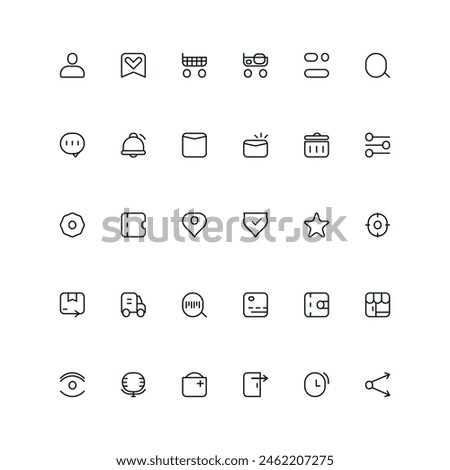 
Icons for Online Store. Contains such icons as user profile, shopping cart, delivery service, comment, search, notification, settings, location services, order, barcode Scanning, time management