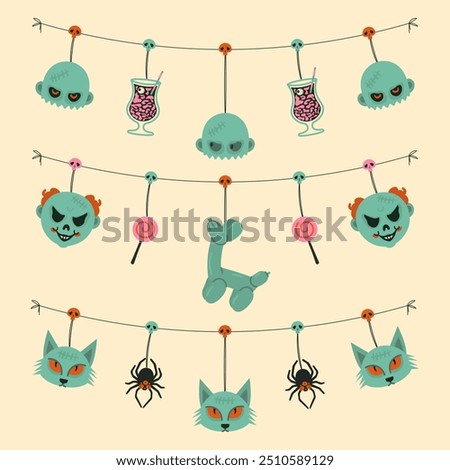 Halloween garlands consist of a zombie head and a brain cocktail for it, a zombie clown head and candies, a balloon dog, a zombie cat head, a spiders and skulls. All of this hangs on a thin string