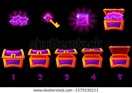 Animated treasure chest with purple precious gem. Step by step, full and empty, open and closed box. Vector Icons on separate layers.