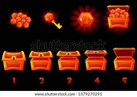 Animated treasure chest with red precious gem. Step by step, full and empty, open and closed box. Icons on separate layers.
