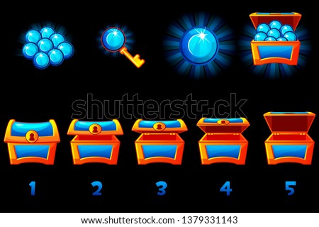 Animated treasure chest with blue precious gem. Step by step, full and empty, open and closed box. Icons on separate layers.