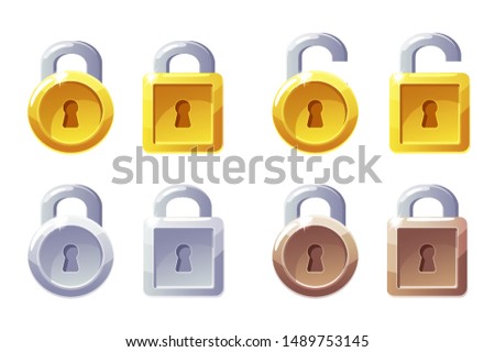 Padlock icon with square and round shape. Vector GUI Level Lock. Golden, silver and bronze padlocks.
