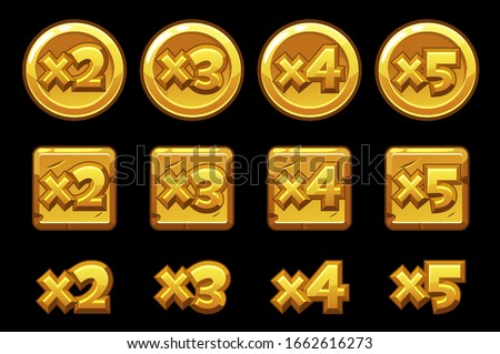 Gold bonus numbers on squares of round boards. Set of gold multiplied numbers for the game.