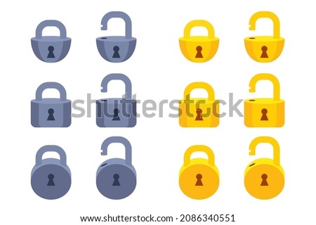 Game icon golden metal closed lock of different shapes.
