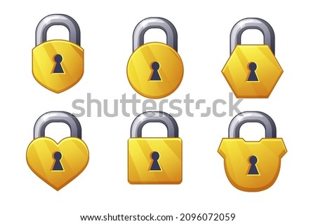 Game icon golden metal closed lock shapes square round and hearts.