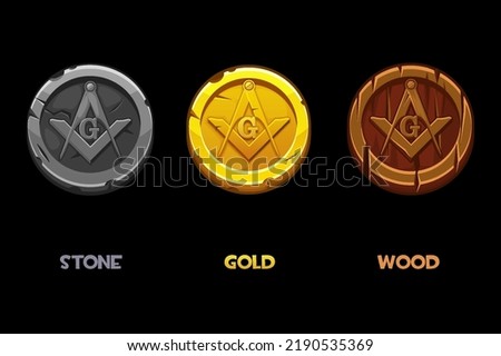 Set Masonic coins with masonic square and compass symbol. Vector Masonic Symbol, sacred society. Wooden, stone and golden old coins