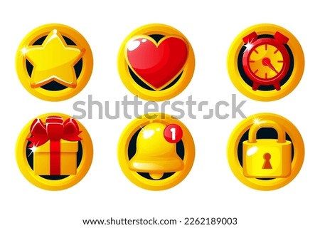 Set of golden game icons- star, heart, clock, gift box, bell and lock. Game App Icons