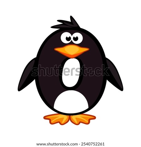 Cartoon number 0 like penguin, figure Zero or letter O. Cartoon of number with a animal concept. Calligraphy, lettering, typography for your Education cards or game