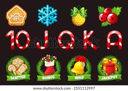 Set of 12 slot symbols Christmas theme. Christmas or winter game slot icon, casino badge set, web UI x-mas design element kit for your slot game