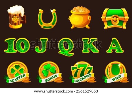 St Patrick day symbols for your game or slots machine. Standard symbols,Wild symbol,Bonus symbol,Scatter symbol, Playing card symbols