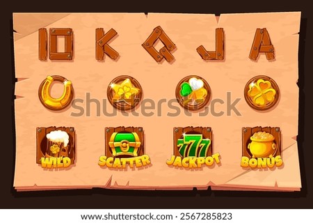 Slot symbols for St Patrick day themed for your game or slots machine. Standard symbols,Wild symbol,Bonus symbol,Scatter symbol, Playing card symbols