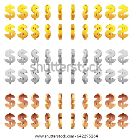 Effect 3D animation of a spinning golden, silver and bronze dollar sign. Vector animation game rotation.