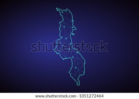 Map of Malawi. Wire frame 3D mesh polygonal network line, design sphere, dot and structure. communications map of Malawi. Vector Illustration EPS10.