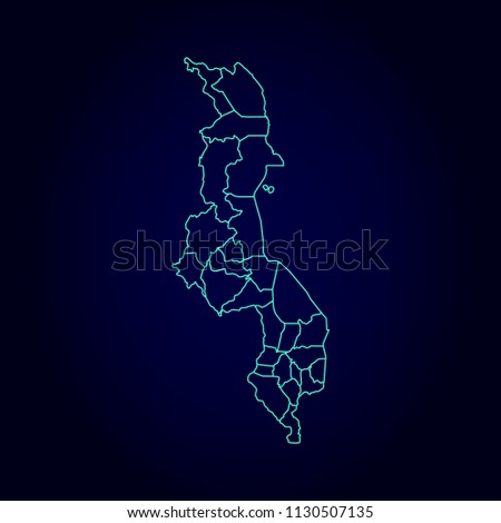 Malawi map: blue glitter outline with sparkling stars on dark background. Detailed map of Malawi. Vector illustration.