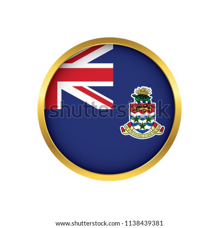 Cayman Islands Ribbon flag button, Golden on a white background,flag of Cayman Islands Ribbon Round badge or icon isolated. Vector illustration.