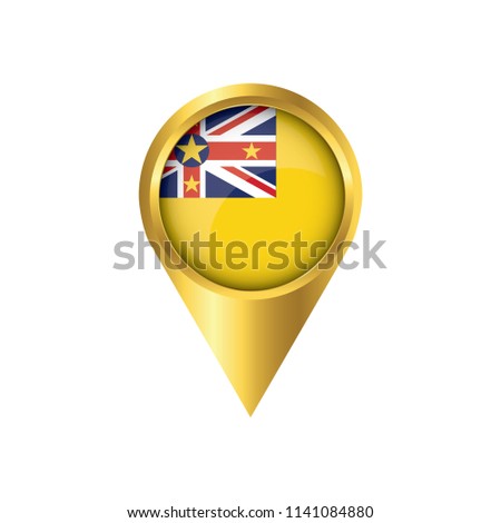 Flag of Niue.symbol check in Niue, golden map pointer with the national flag of Niue in the button. vector illustration.