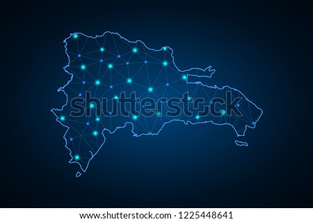 Communications map of dominican. Abstract mash line and point scales on dark background with Map of dominican Republic. Wire frame 3D mesh polygonal network line, design sphere, dot and structure.
