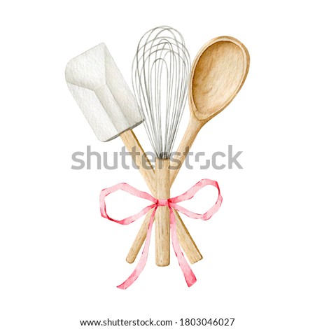 Watercolor kitchen utensils clipart for bakery decoration. Isolated elements on white background