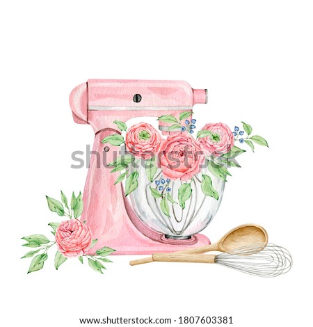 Watercolor pink mixer for creating diy bakery logo. High quality hand painted illustration