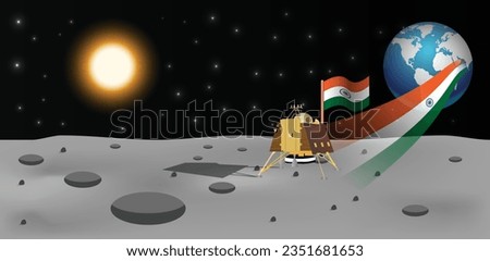 Vikram lander Indian Moon mission Land successful vector poster with indian flag ribbon earth and sun space mission ISRO's Chandrayaan-3 lunar 