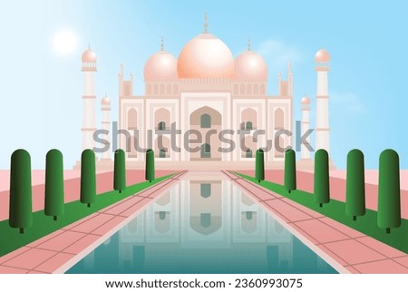 The Taj Mahal famous place in India clear day south bank of the Yamuna river in the Indian city of Agra, Uttar Pradesh.