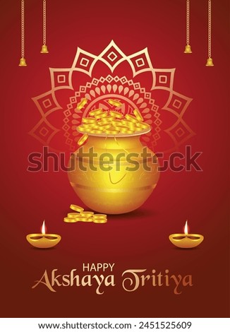 Happy Akshaya Tritiya golden pot with temple bell golden diya vector poster