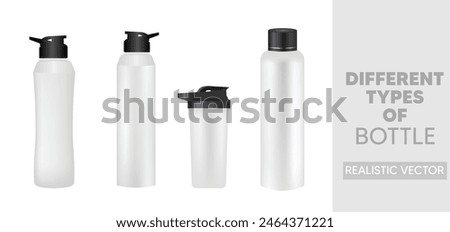 set of mockup 3d White, Silver and Black Empty Glossy Metal Reusable Sports water bottle on white isolated 