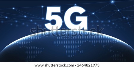 5G technology, telecommunication industry, telecom network glowing 5G text on glowing earth technology vector poster